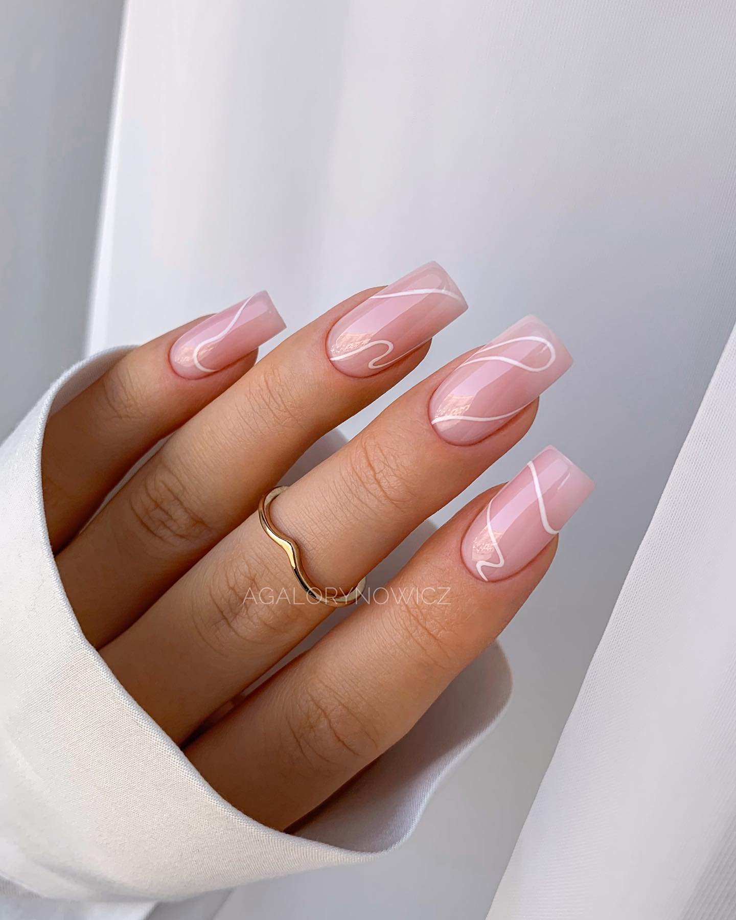 Pink Nails with White Swirls
