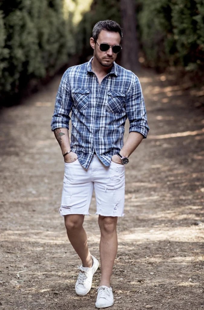 Plaid Shirt with Denim Shorts