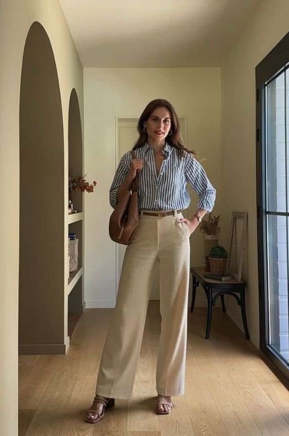 Striped Blouse and Beige Trousers