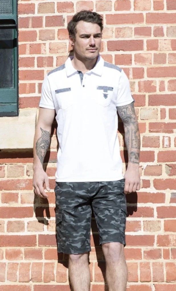 White Polo and Camo Shorts