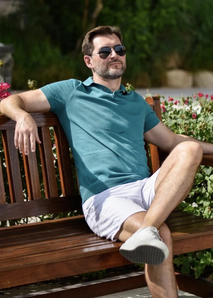 White Shorts and Teal Polo