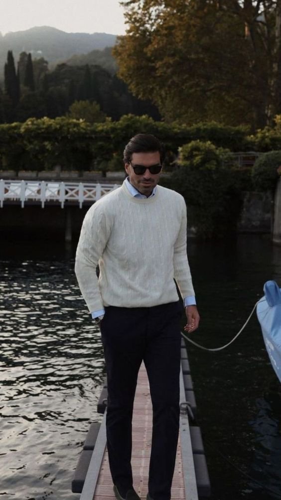 White Sweater with Blue Shirt