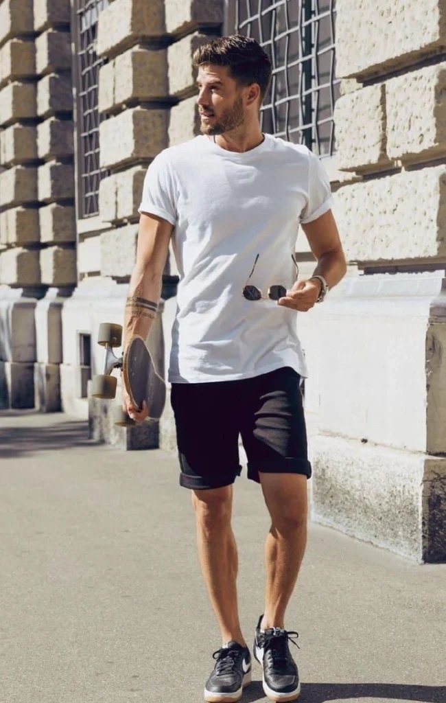 White Tee and Black Shorts