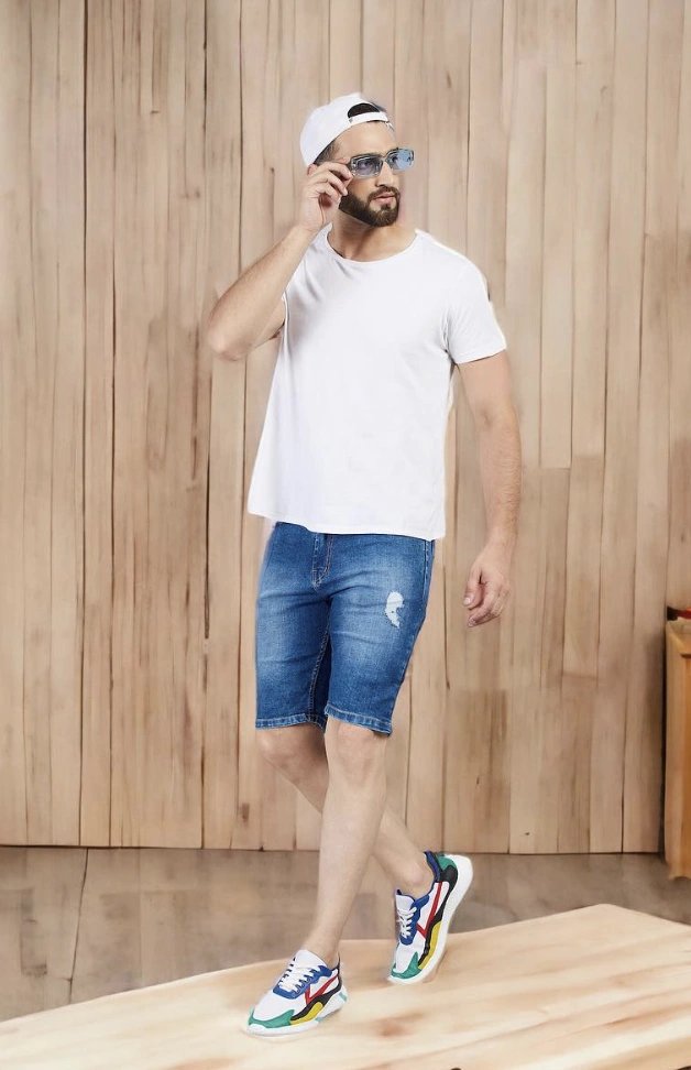White Tee and Denim Shorts