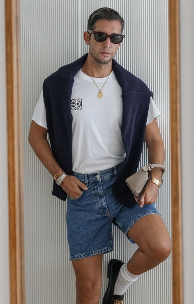 White Tee, Navy Sweater, Shorts