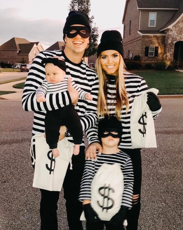 Bank Robber Family Costumes with Striped Shirts and Money Bags