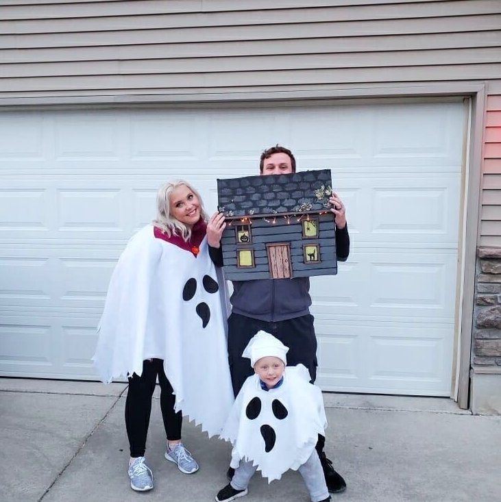 Cardboard Haunted House and White Ghost Costumes