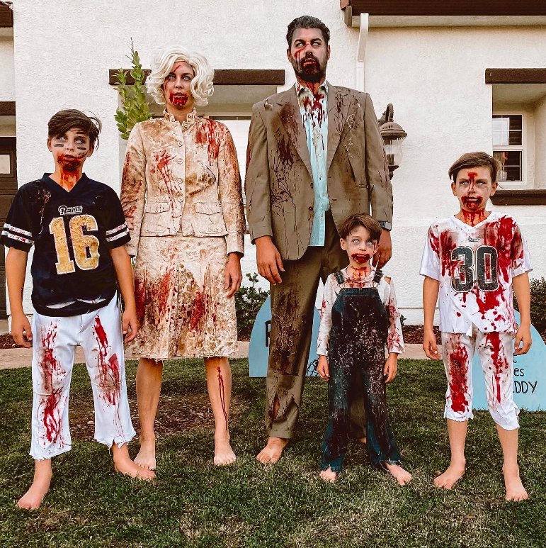 Family Zombie Costumes with Fake Blood and Torn Clothing
