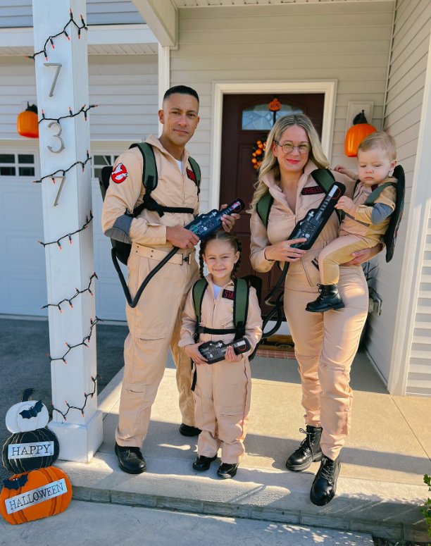 Ghostbusters Family Costumes with Tan Jumpsuits and Proton Packs