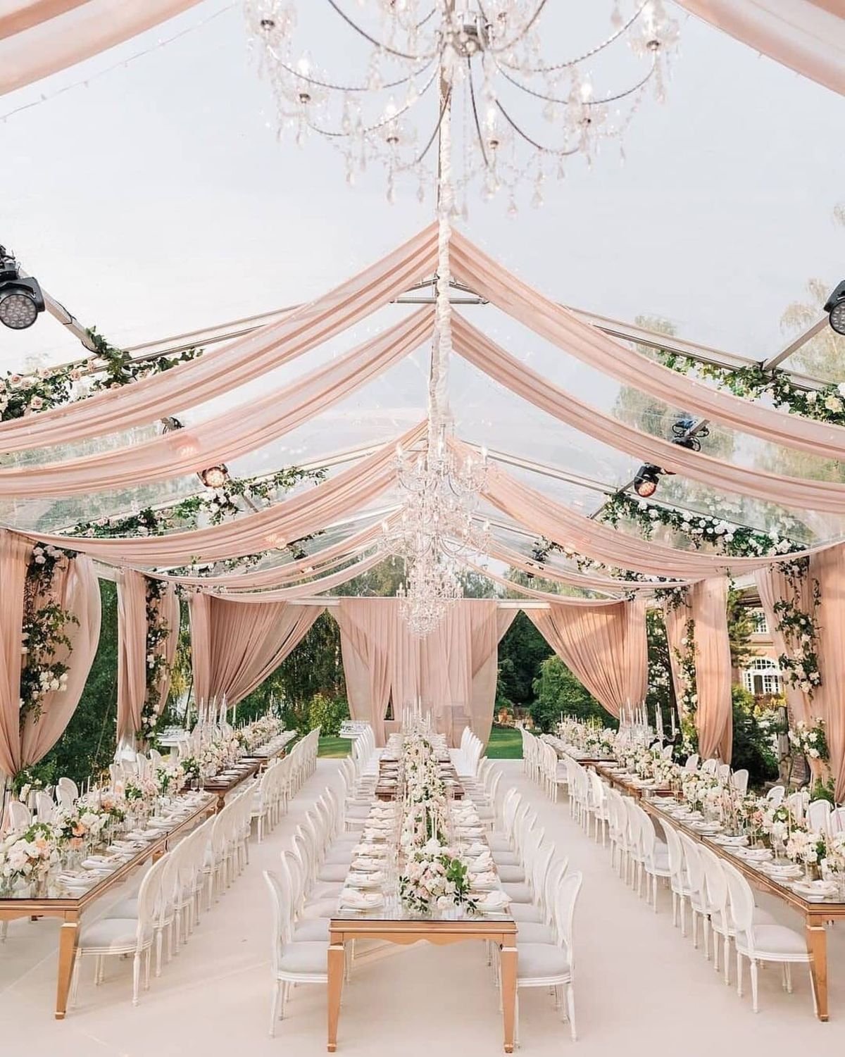 Pink Drapes and Chandeliers