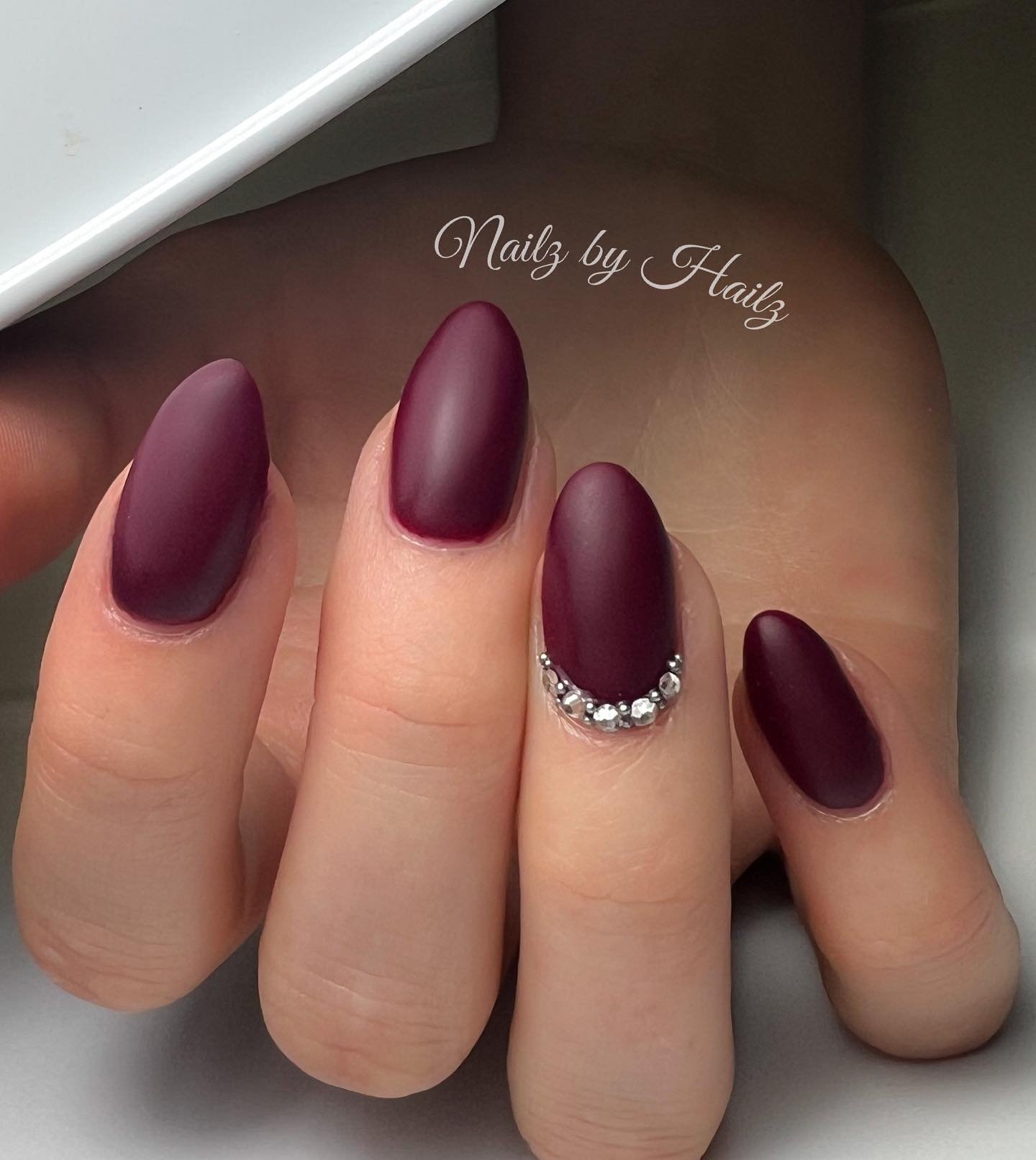 Burgundy Rhinestone Nails