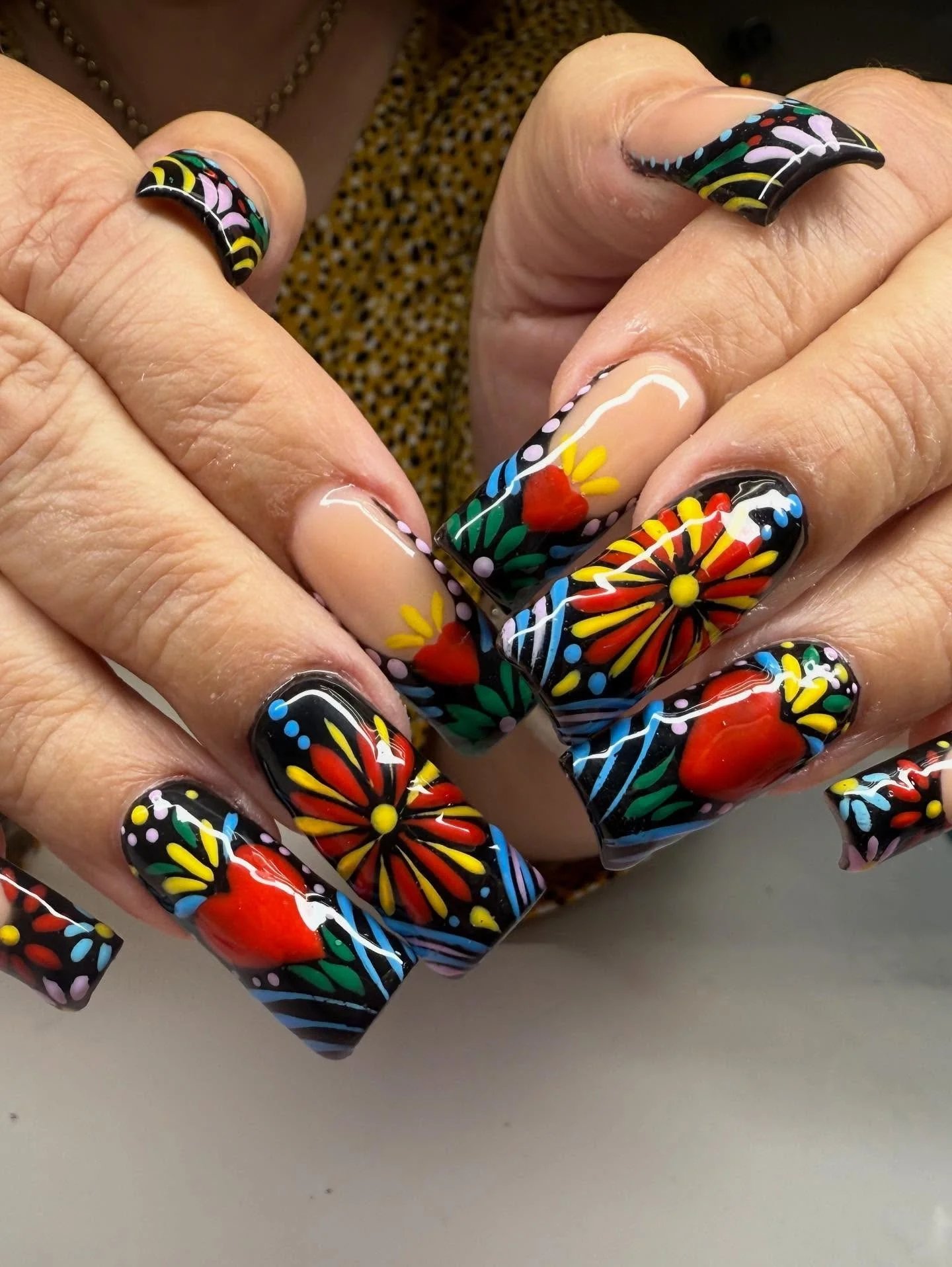 Black Square Folk Nails