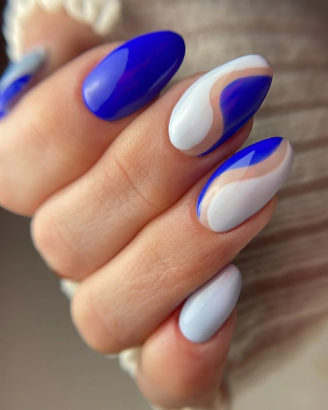 Blue White Almond Nails
