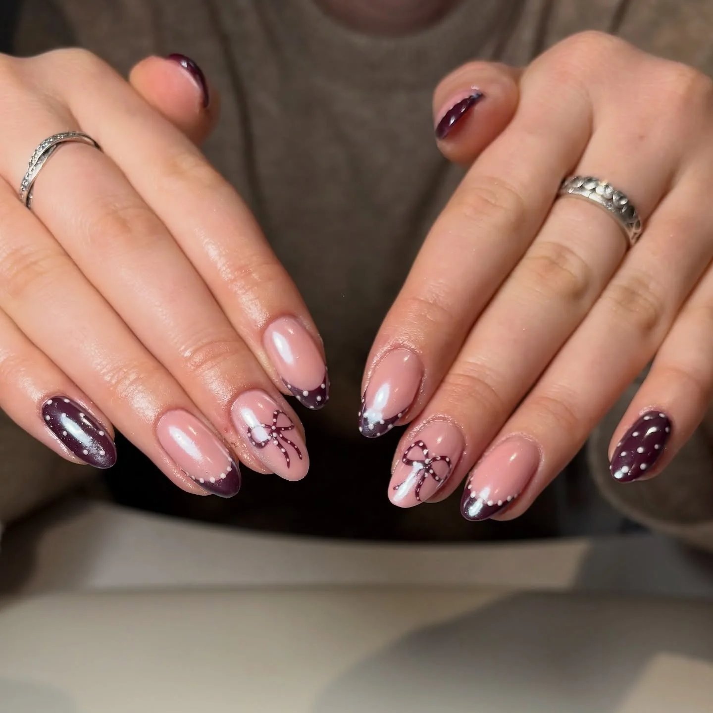 Blush Burgundy Bow Nails