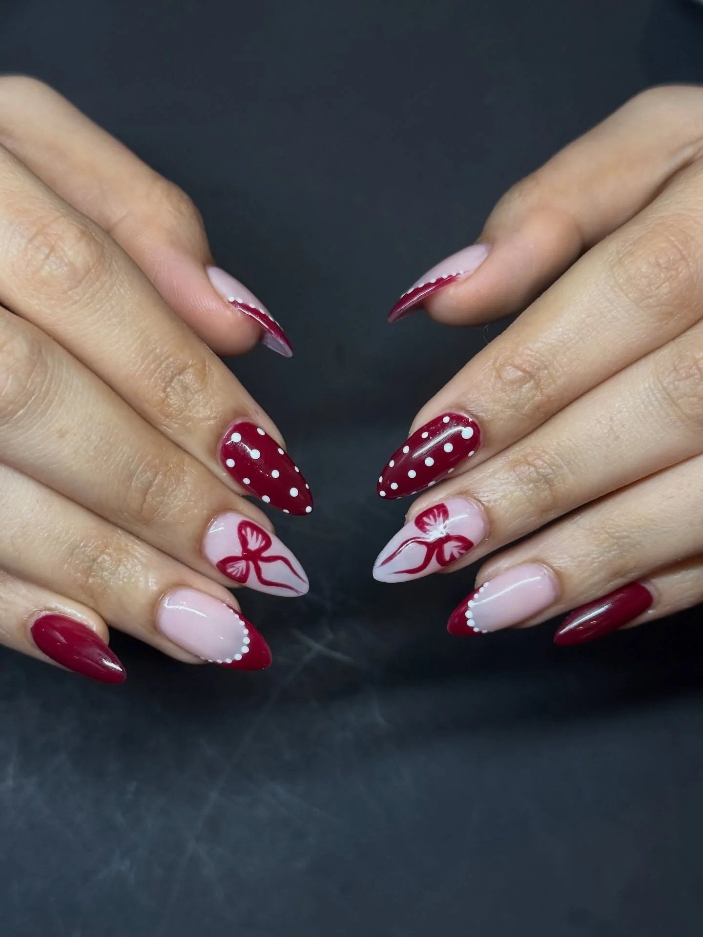 Burgundy Pearl Bow Nails