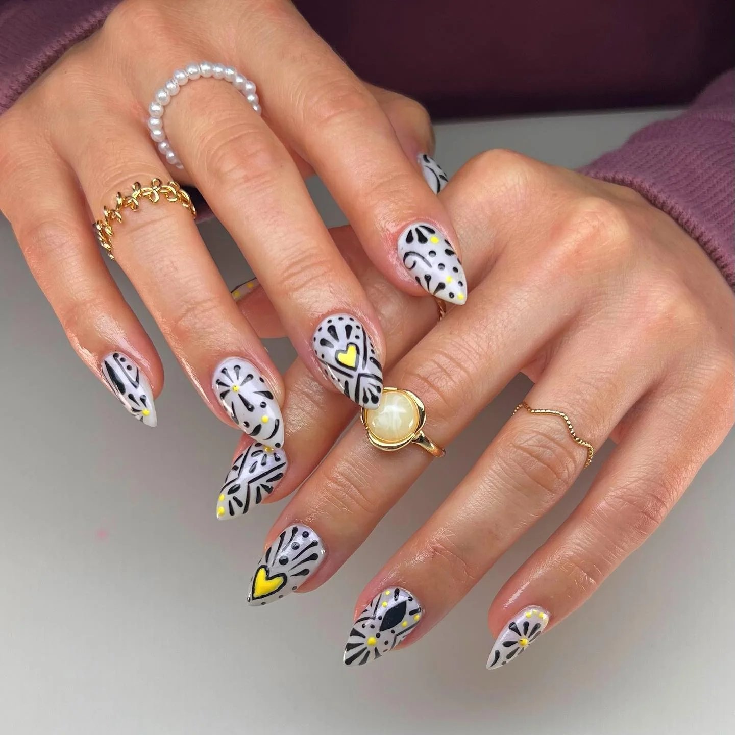 Folk Pattern Almond Nails