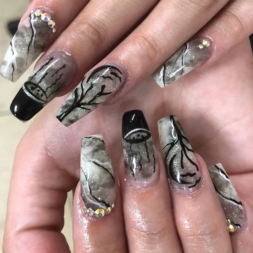 Gray Marble Coffin Nails