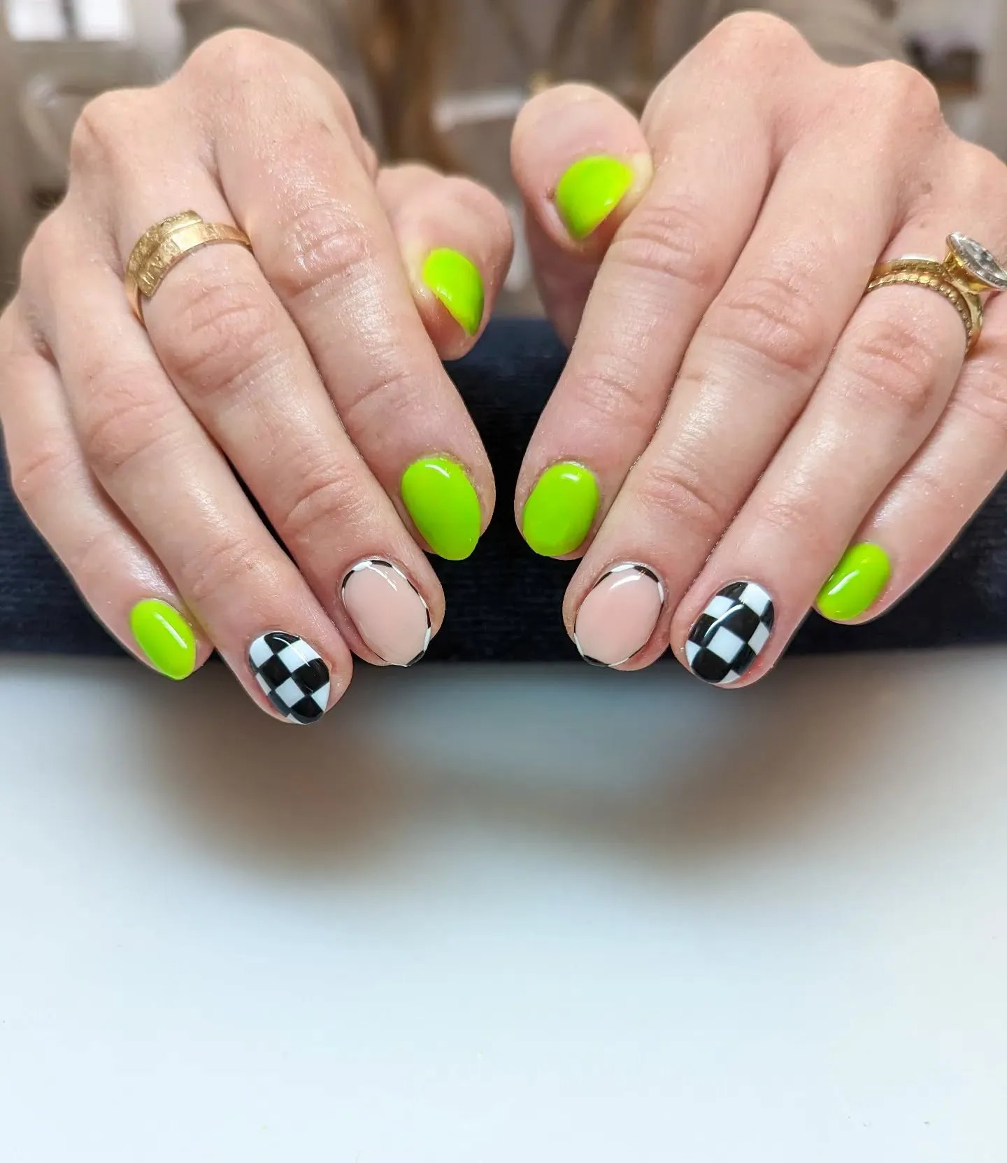 Lime Green Checkerboard Nails