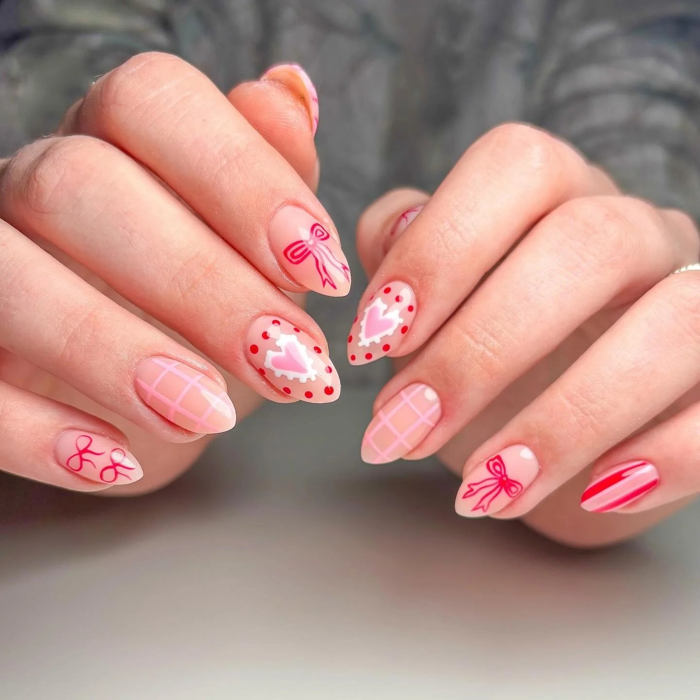 Pink Bow Heart Nails