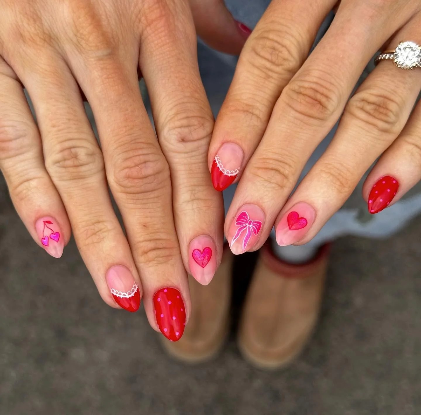 Pink Heart Bow Nails