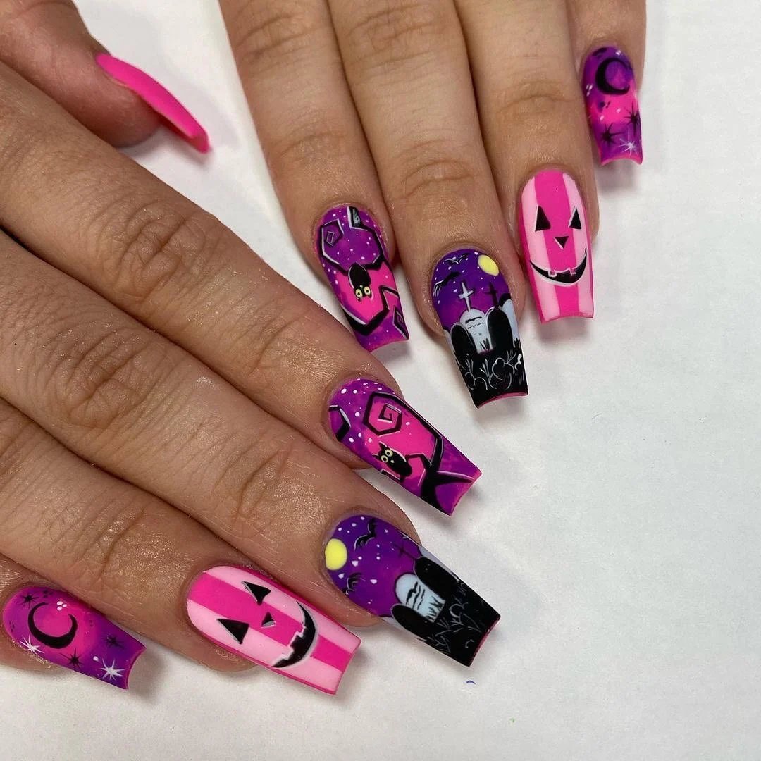 Pink Purple Halloween Nails