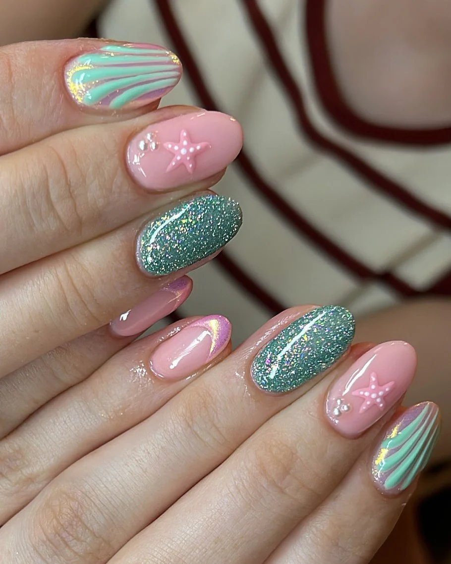 Pink Teal Glitter Nails