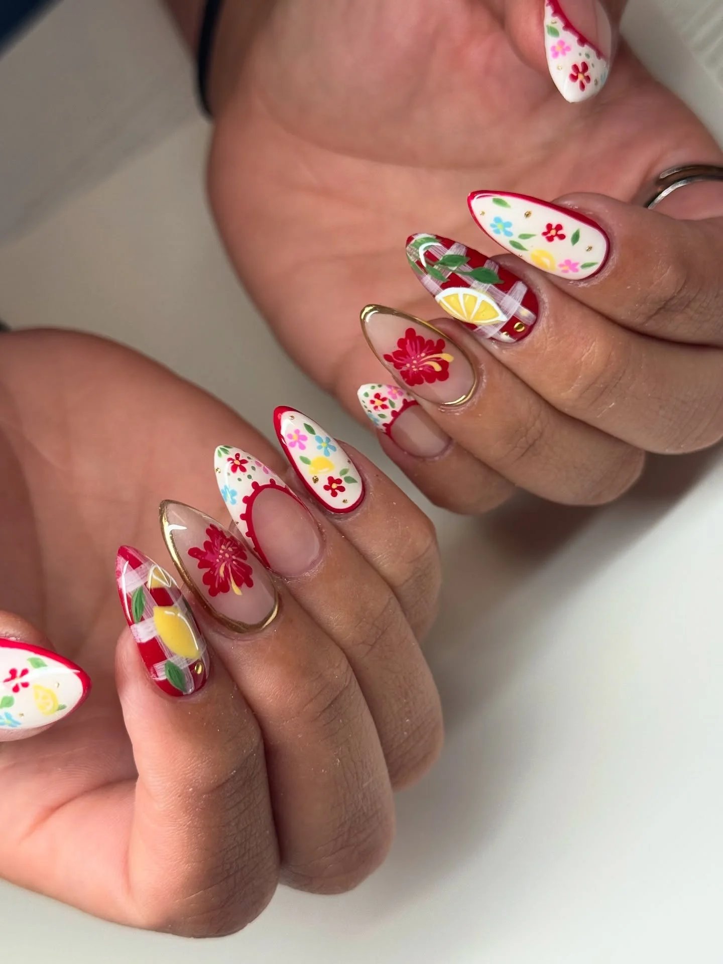 Red Gingham Almond Nails