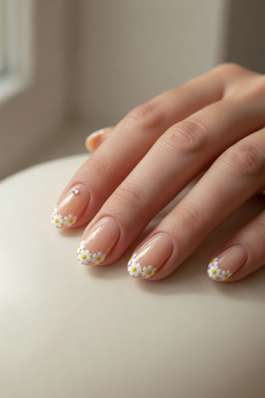 Delicate Daisy French Tip Design