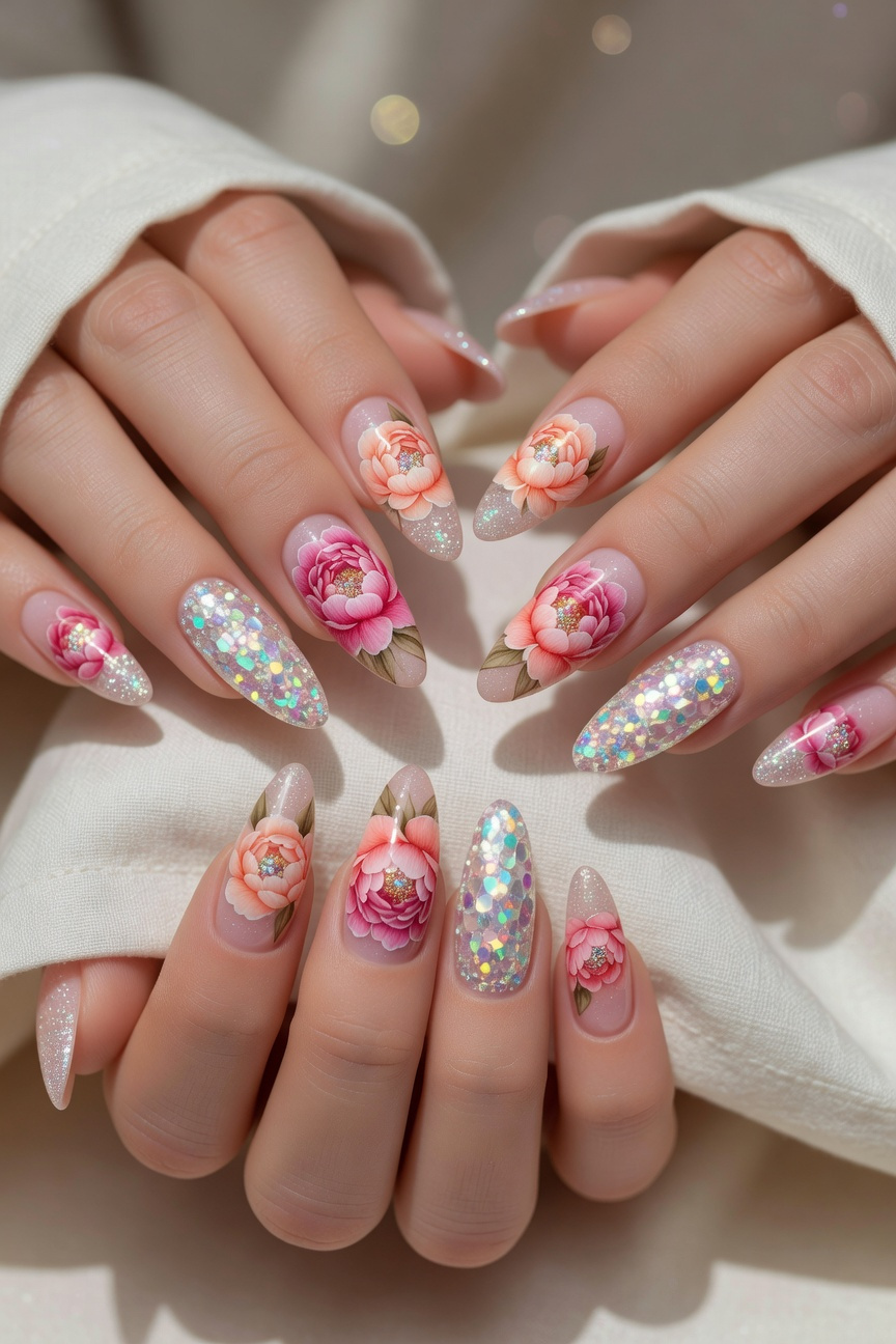 Glitter Peony Glam Summer Nails