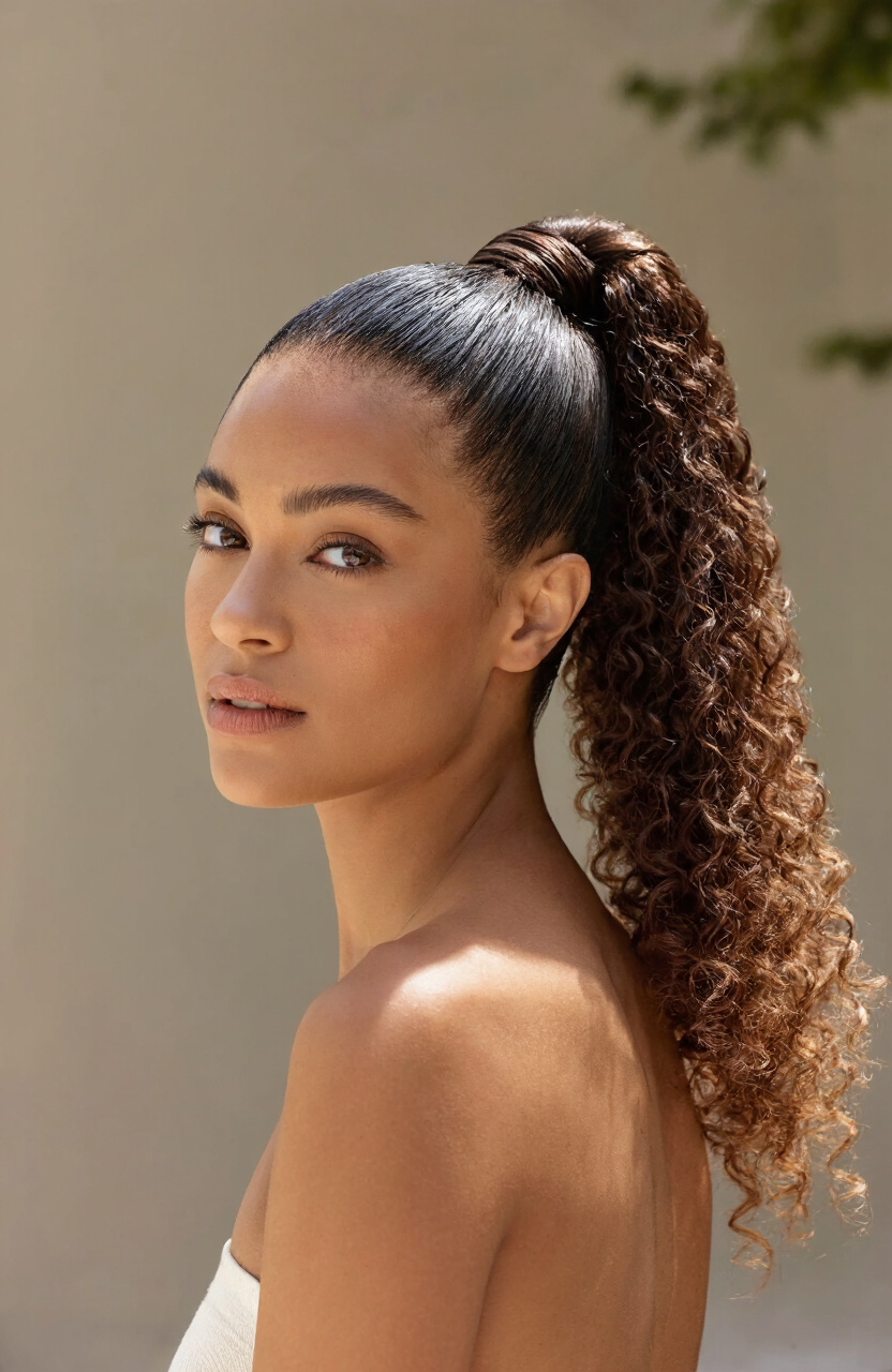 Stretched Curls Sleek Pony