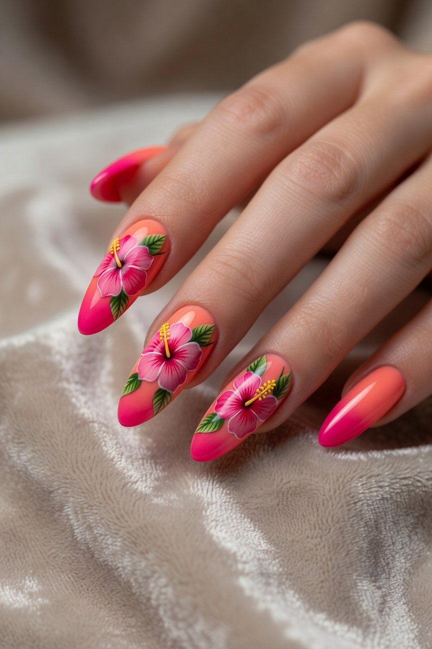 Tropical Hibiscus Ombre Gradient Nails