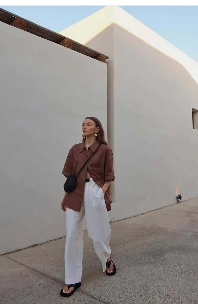 Brown Shirt and White Trousers