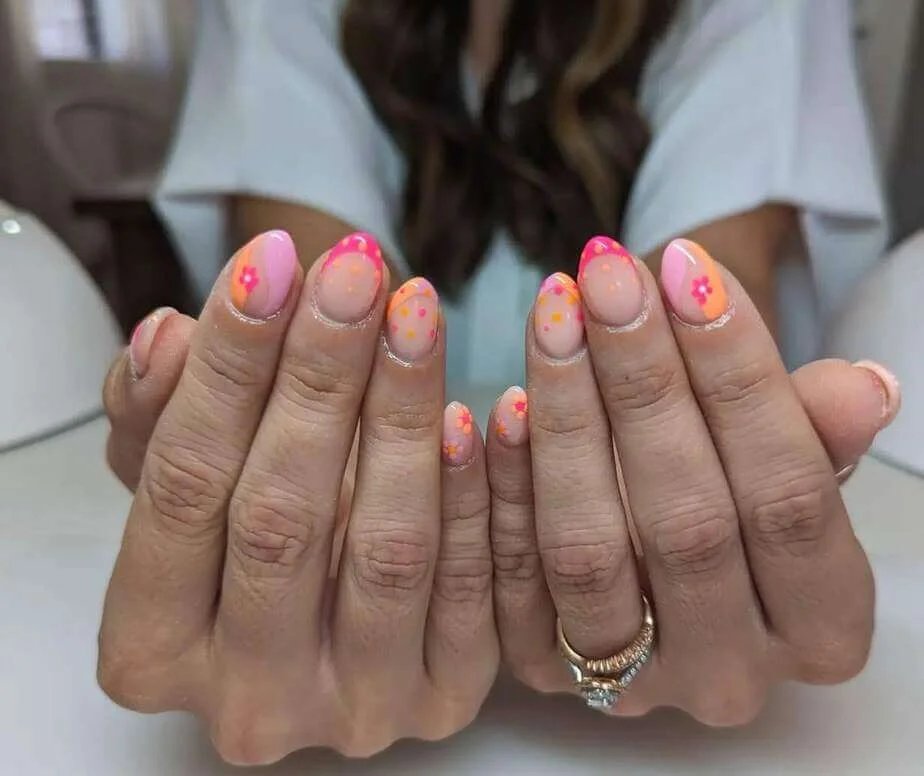Floral Pink Orange Nails