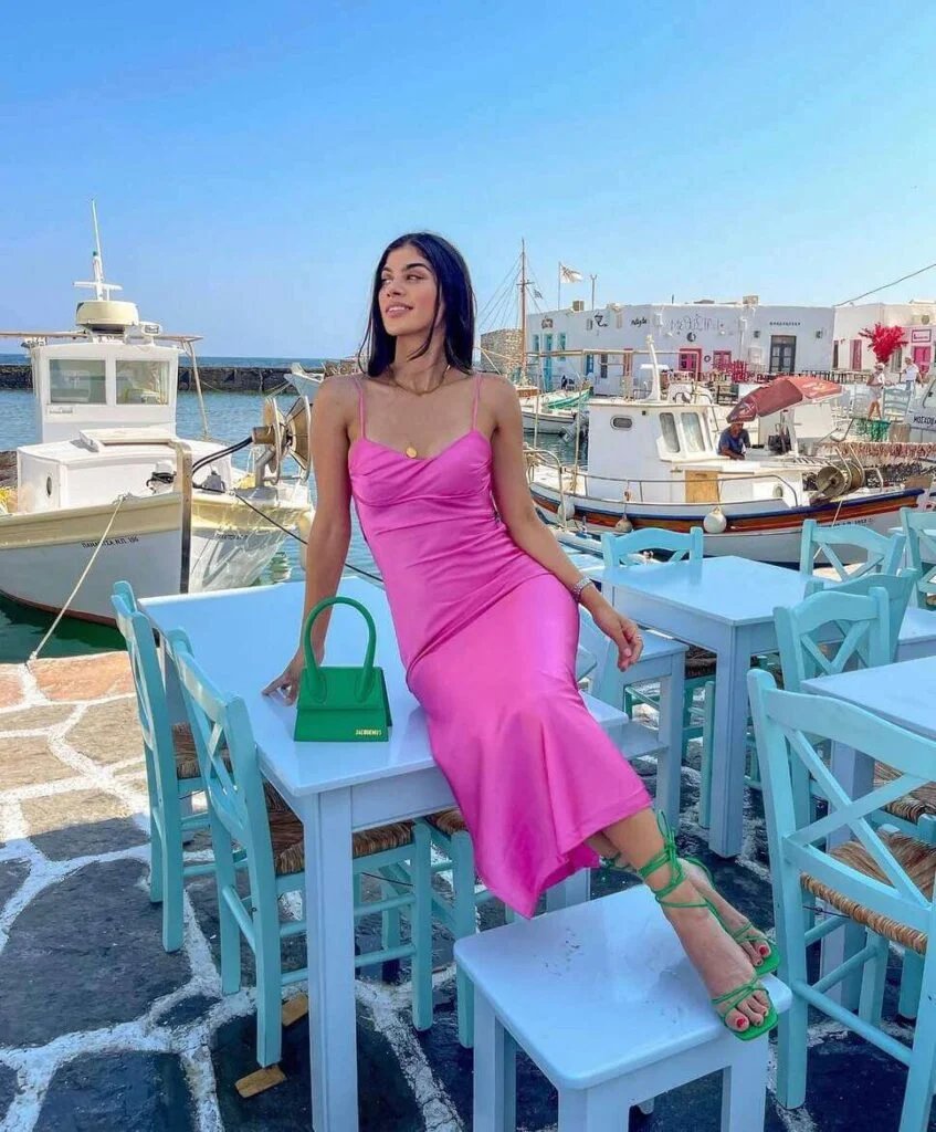 Pink Slip Dress with Green Accessories