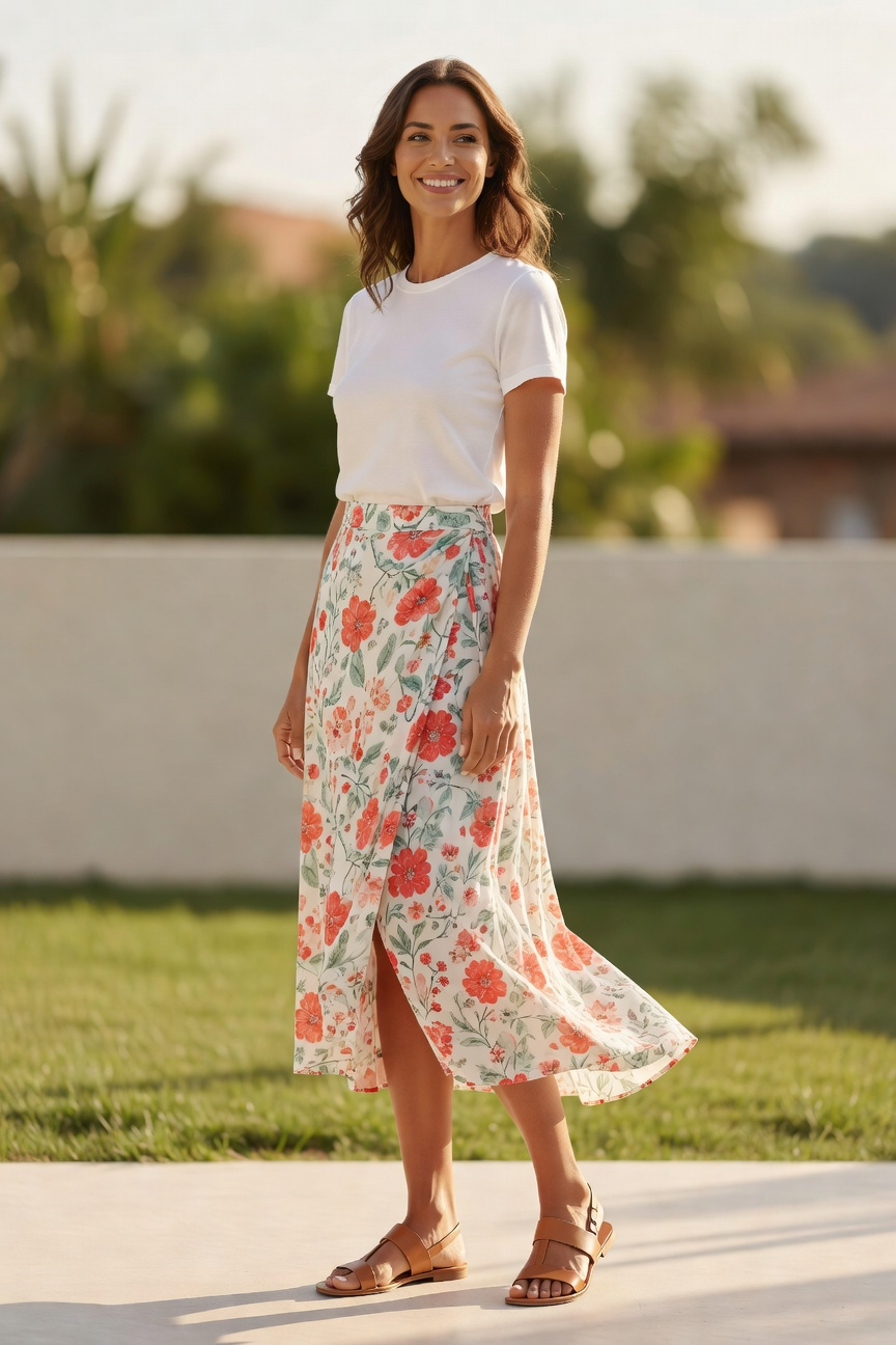 Printed Wrap Skirt Outfit