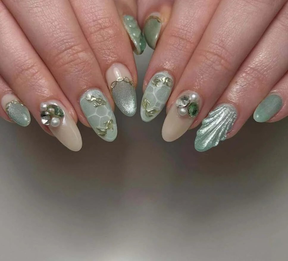 Sage Green Shell Nails