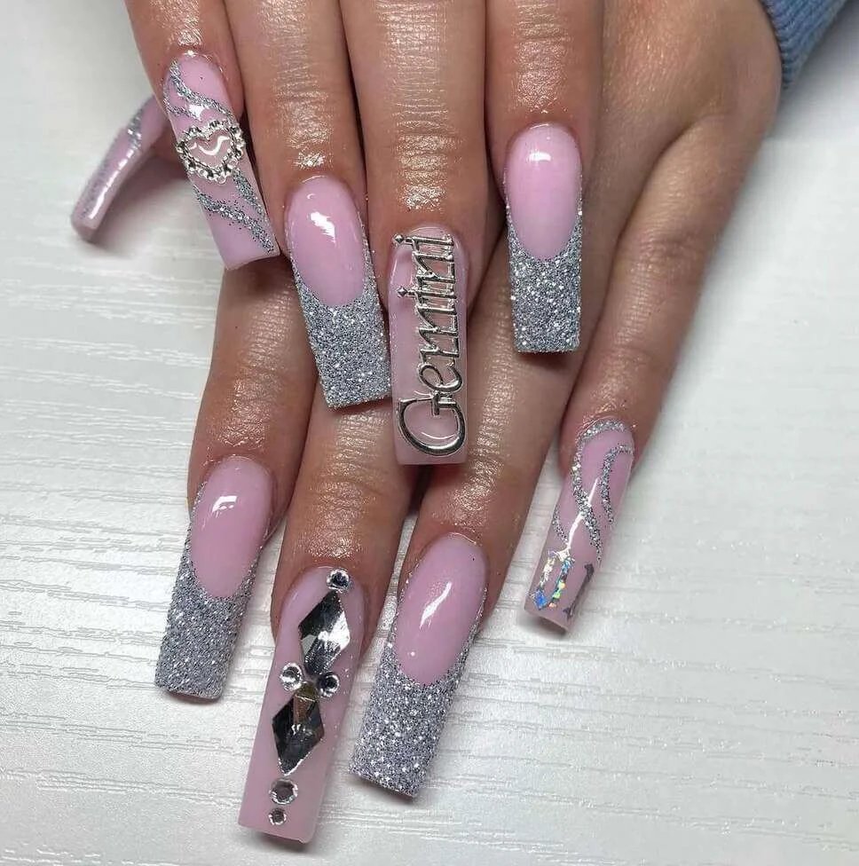 Silver Glitter Pink Nails