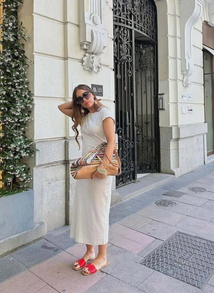 Beige Dress, Red Sandals
