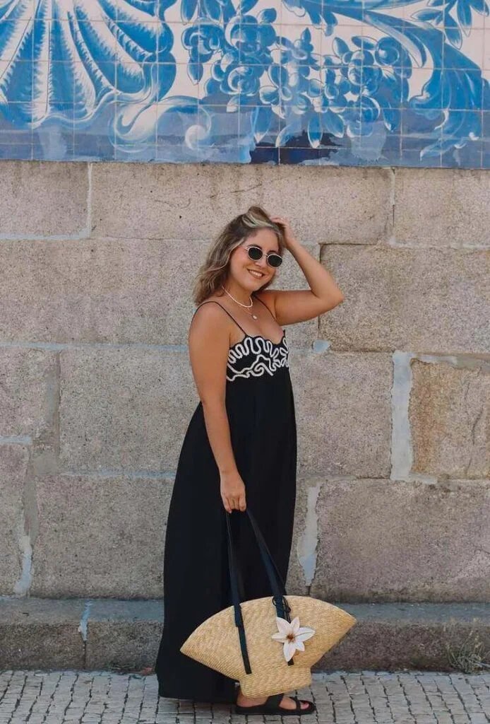 Black Dress, Straw Bag