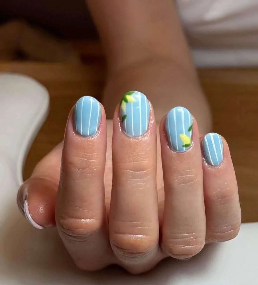 Blue Lemon Stripe Nails