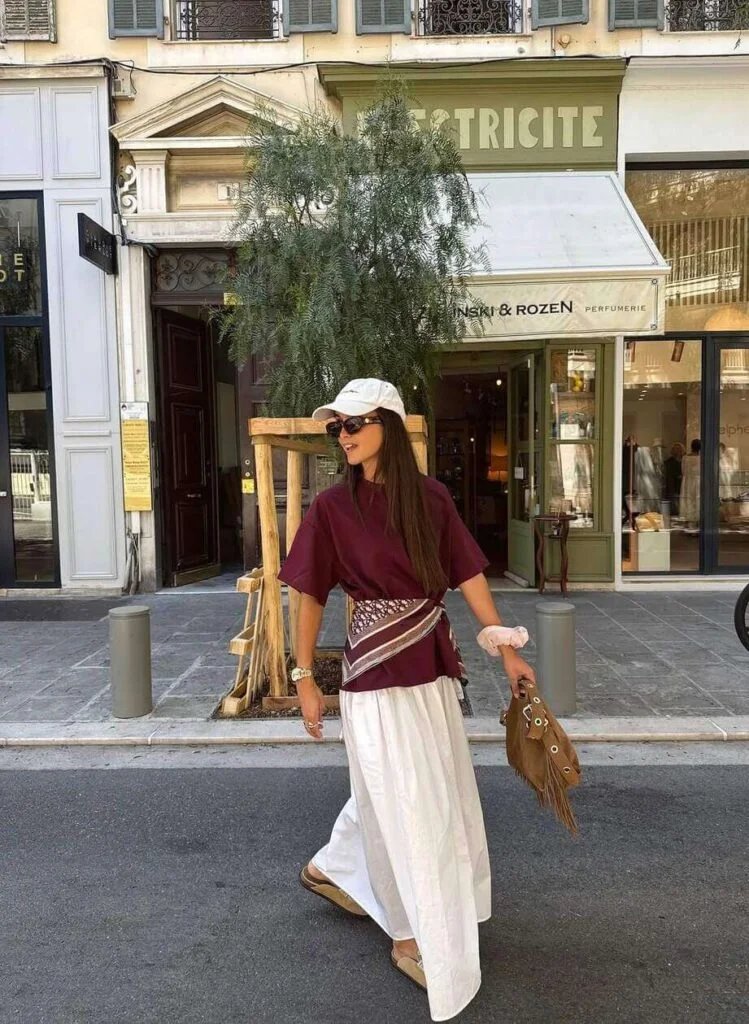 Burgundy White Skirt