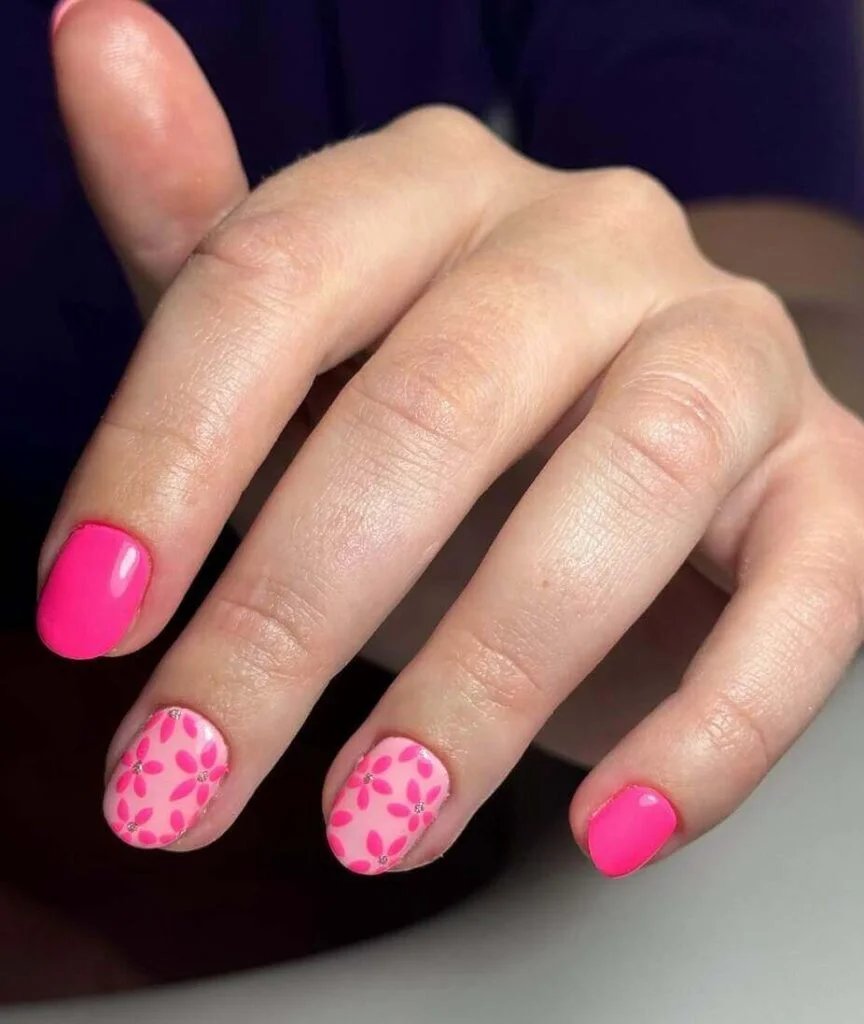 Hot Pink Floral Nails