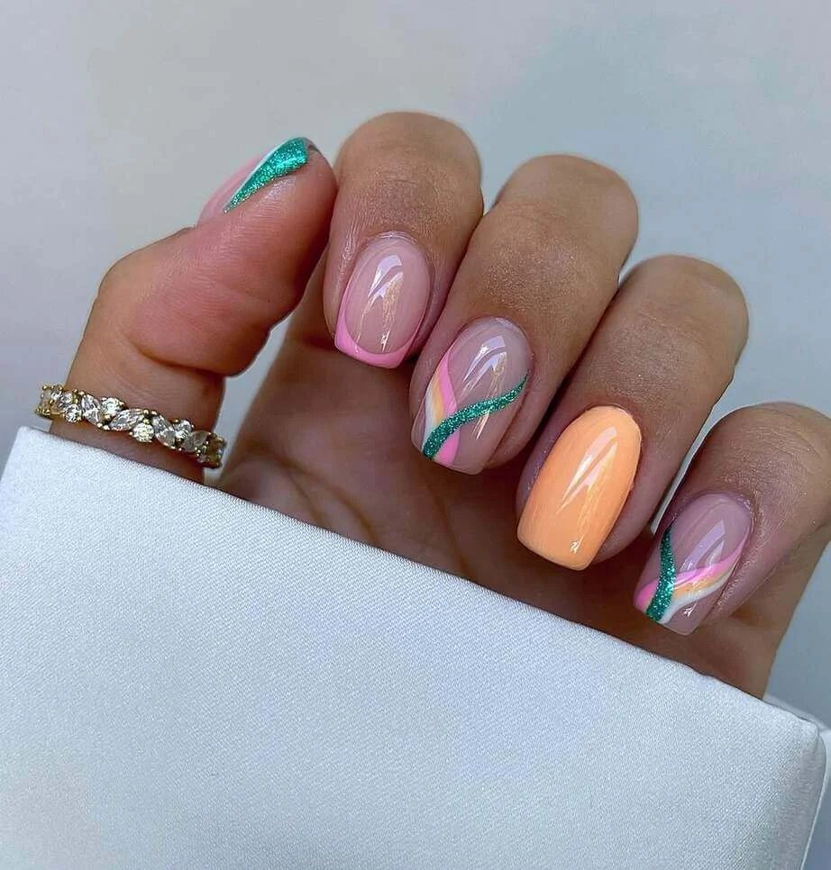 Peach Glitter Nails