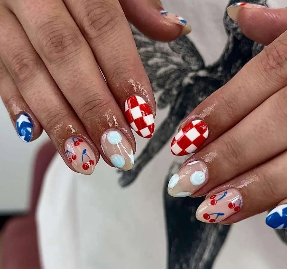 Red Cherry Checkerboard Nails