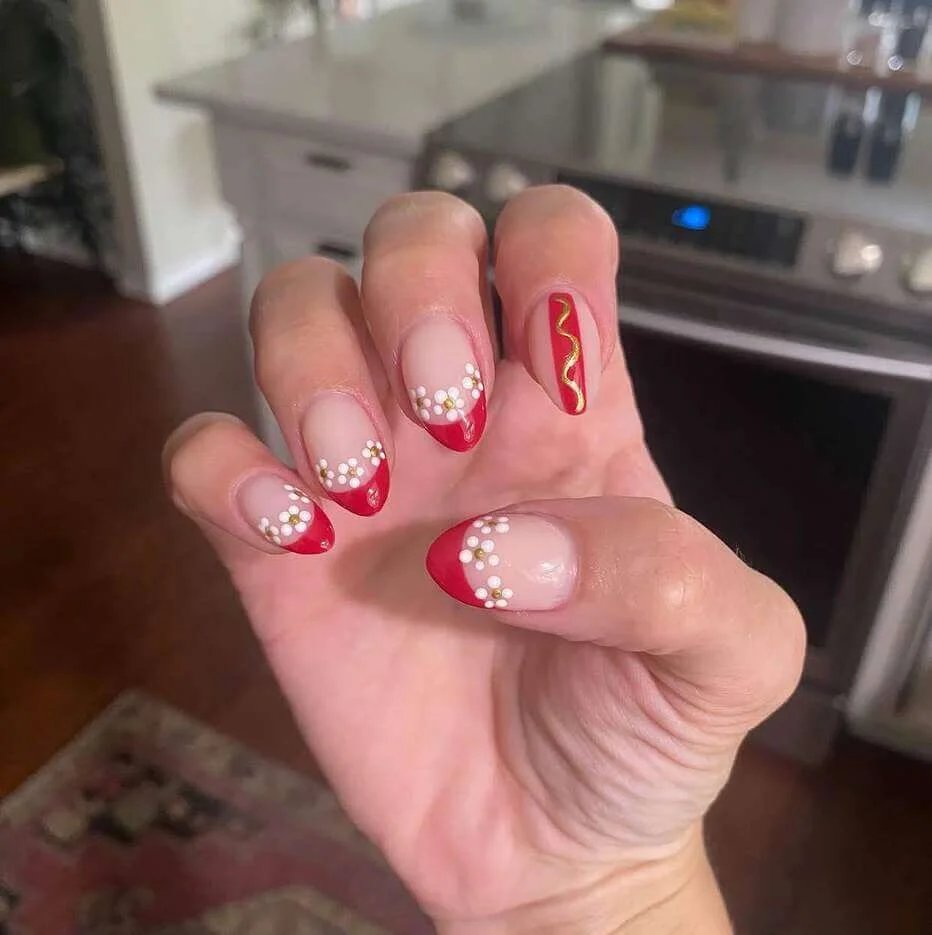 Red Floral French Tips