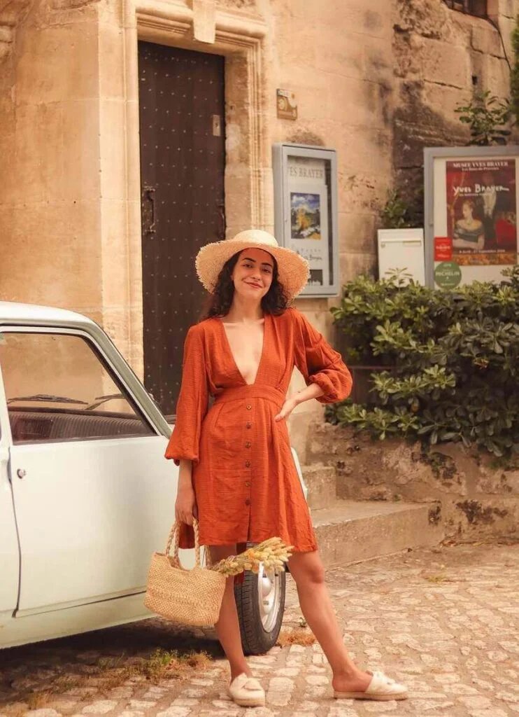 Rust Dress, Straw Bag