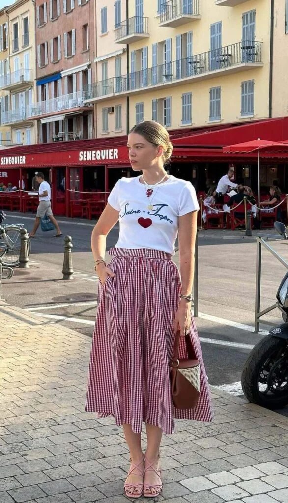 White Tee, Gingham Skirt