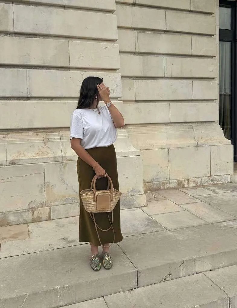 White Tee, Olive Skirt