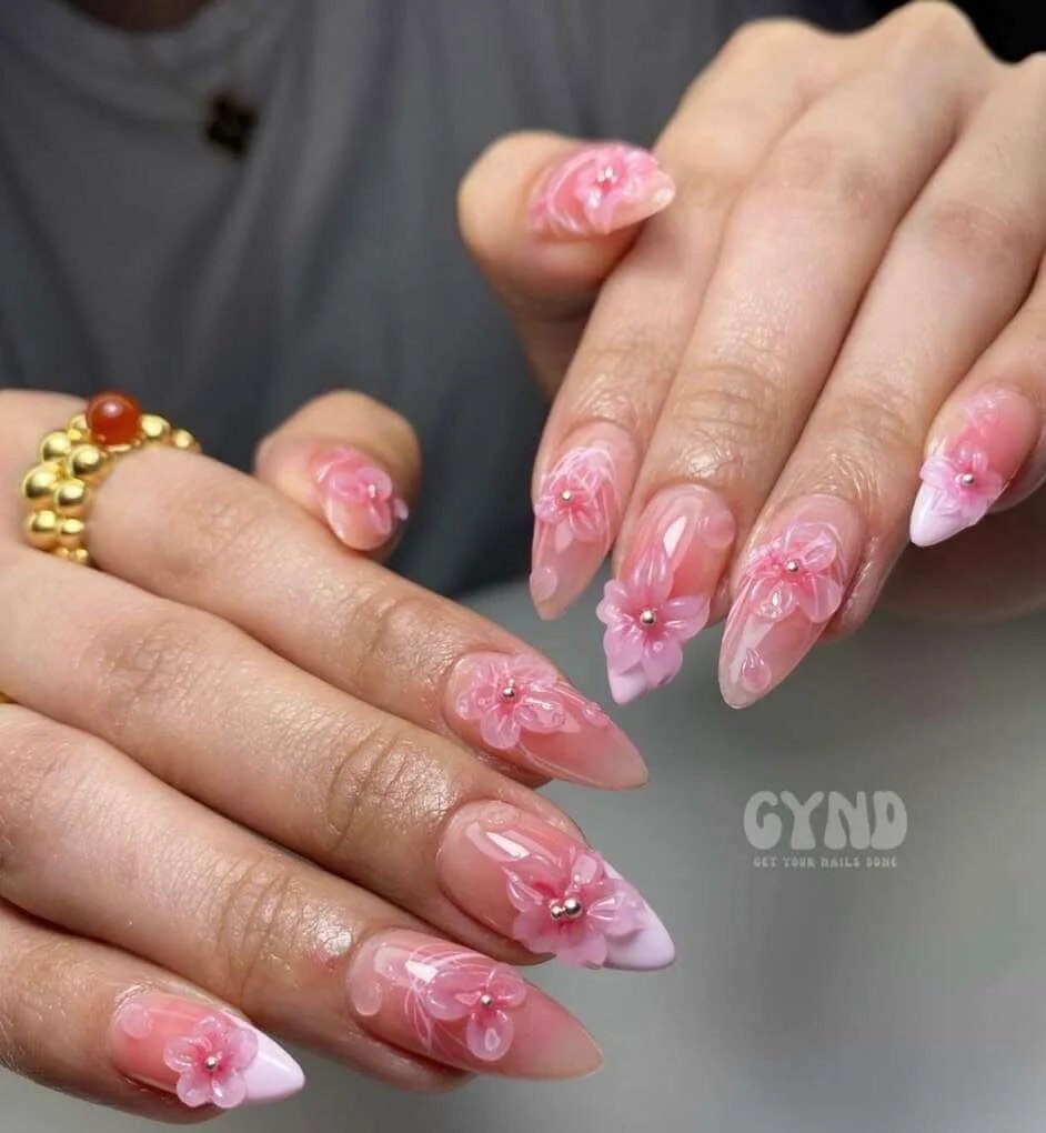 3D pink flower nails