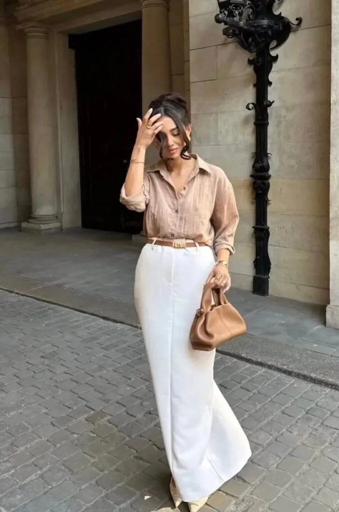 Beige Shirt, White Skirt